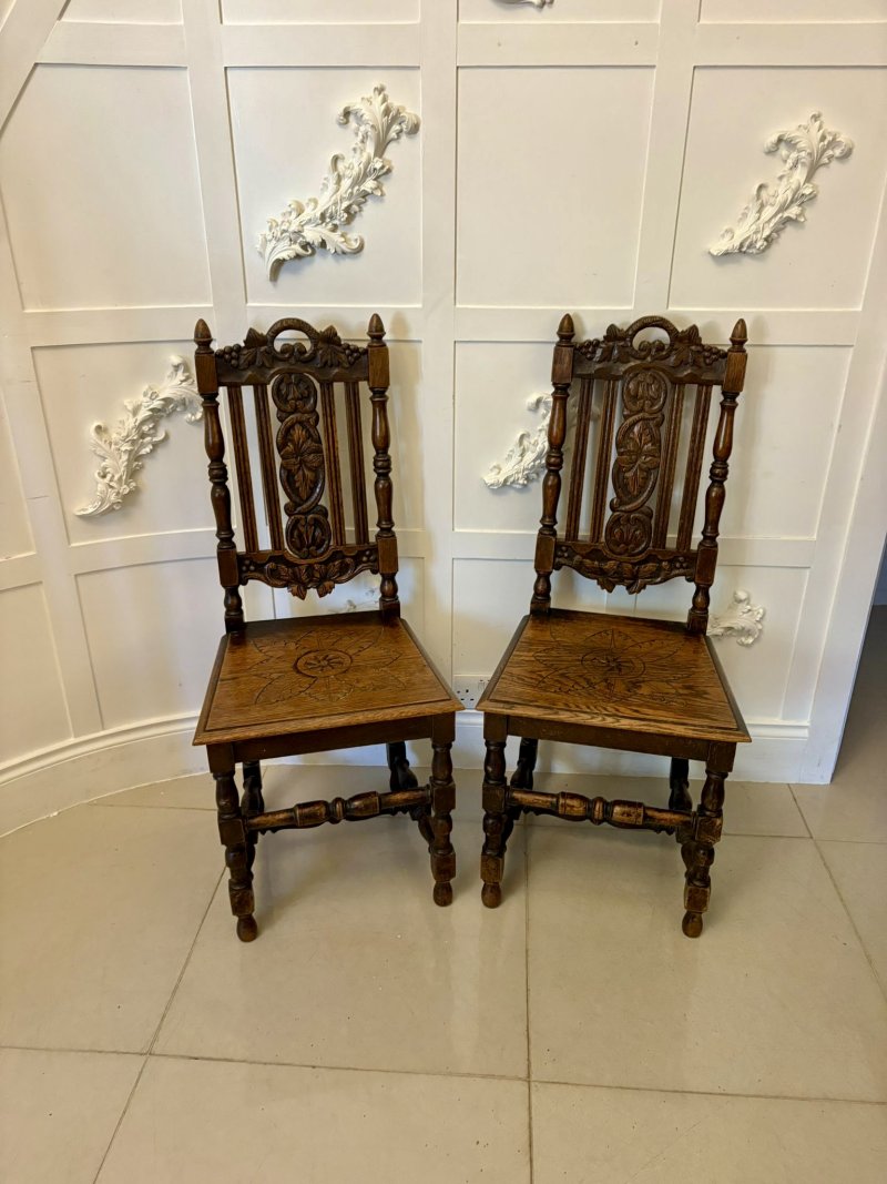 Antique Pair of Quality Carved Oak Side/Hall Chairs